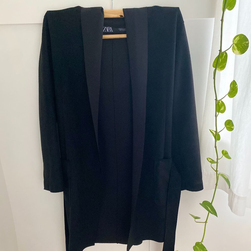 Pre-owned Zara faux suede black tie waist jacket with hood and big front pockets